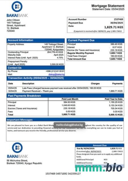 Kirgistan Bank Bakai wyciąg z kredytu hipotecznego szablon Word i PDF